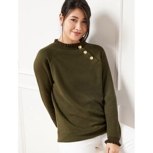 Talbots RUFFLE TRIM RAGLAN SWEATSHIRT Olive Green Buttons Luxury Size PL NWOT